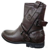 Botines de hombre estilo punk rock gótico emo con cremallera y hebilla de cuero marrón y negro.