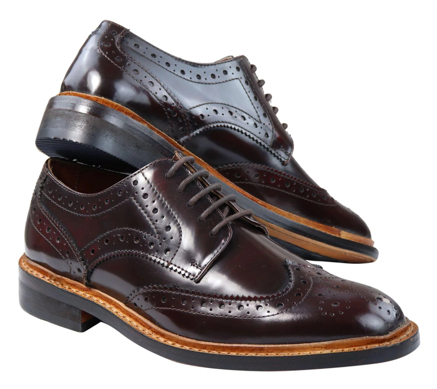 Zapatos Oxford Brogue para hombre, de cuero con cordones, construcción Goodyear Welted, color marrón claro, burdeos.
