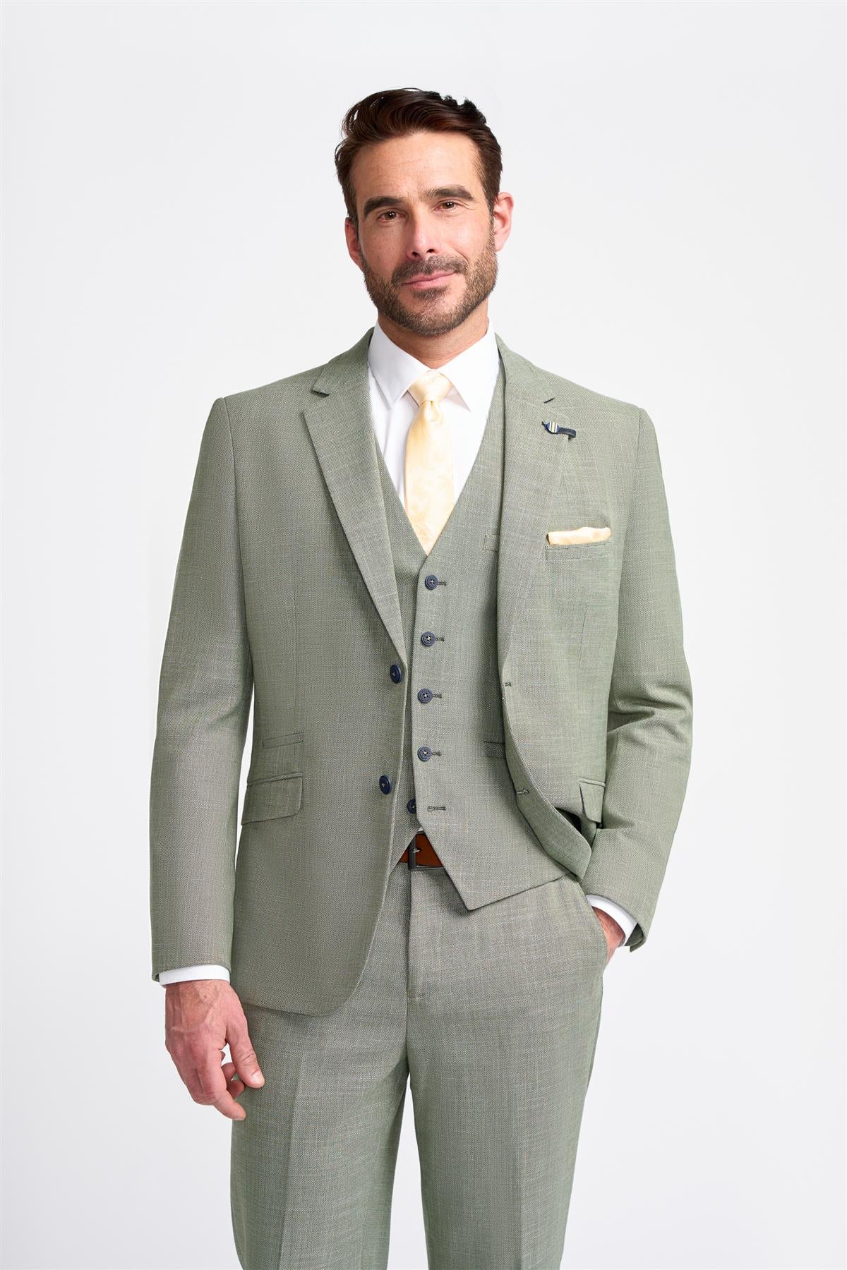 Traje de hombre de 3 piezas, color verde salvia, lino, corte entallado, ideal para bodas y graduaciones.