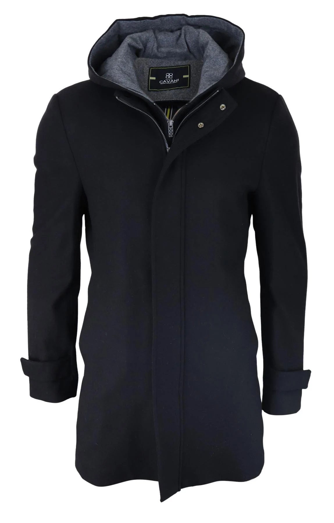 Abrigo largo de 3/4 para hombre, chaqueta negra con capucha extraíble, estilo casual elegante, invierno, lana cálida.