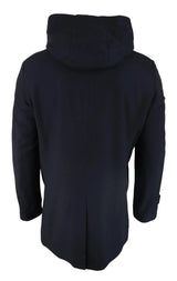 Abrigo largo de 3/4 para hombre, chaqueta negra con capucha extraíble, estilo casual elegante, invierno, lana cálida.