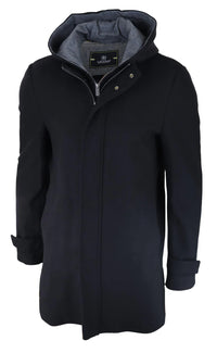 Abrigo largo de 3/4 para hombre, chaqueta negra con capucha extraíble, estilo casual elegante, invierno, lana cálida.