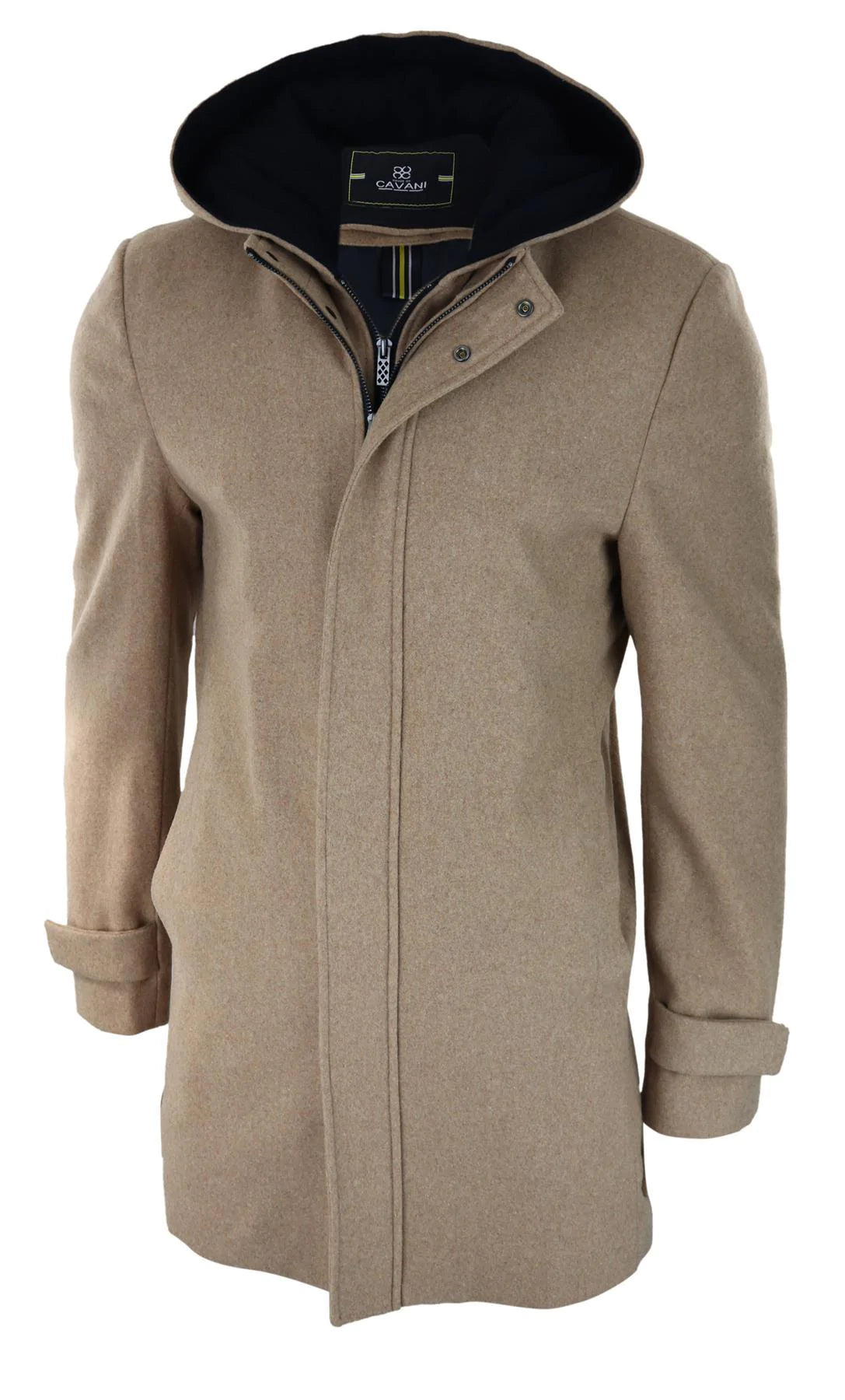 Abrigo largo de 3/4 para hombre, color camel, con capucha extraíble, estilo casual elegante, ideal para invierno, de lana cálida.