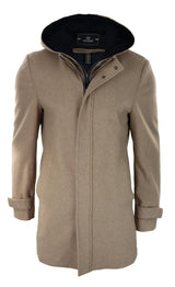 Abrigo largo de 3/4 para hombre, color camel, con capucha extraíble, estilo casual elegante, ideal para invierno, de lana cálida.