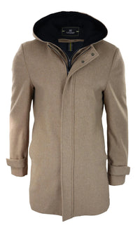 Abrigo largo de 3/4 para hombre, color camel, con capucha extraíble, estilo casual elegante, ideal para invierno, de lana cálida.