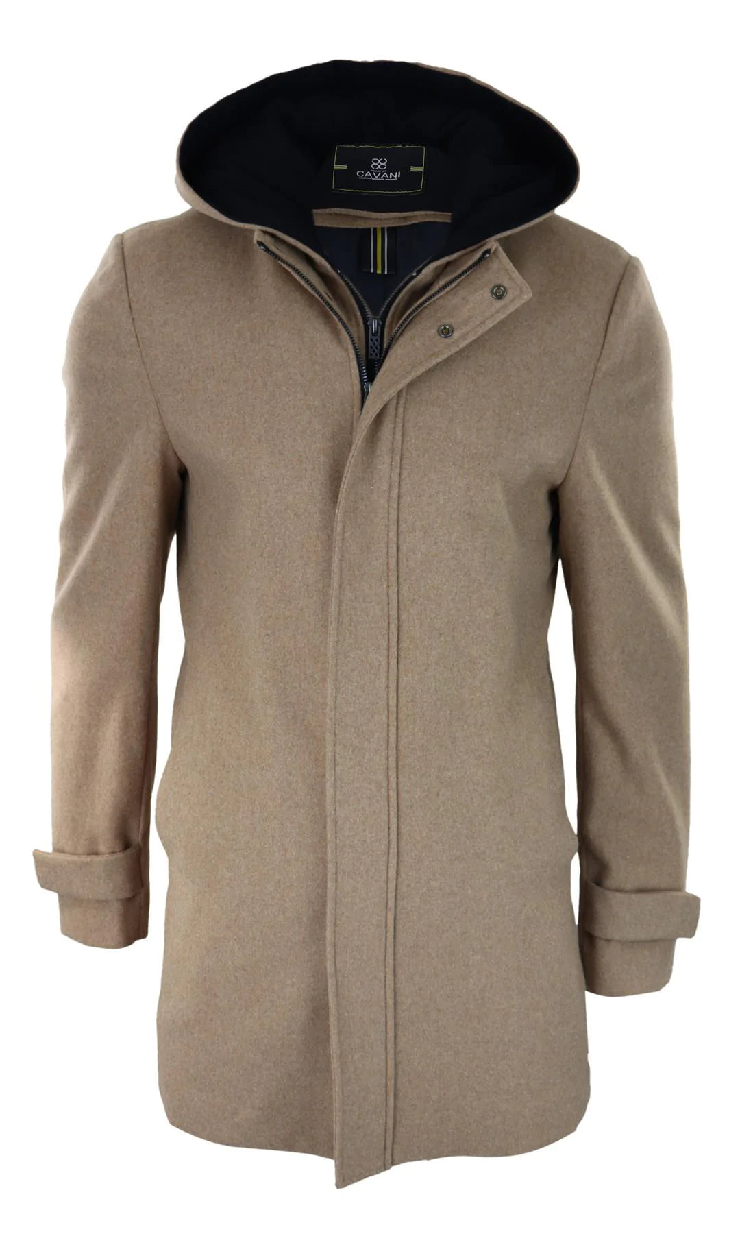 Abrigo largo de 3/4 para hombre, color camel, con capucha extraíble, estilo casual elegante, ideal para invierno, de lana cálida.