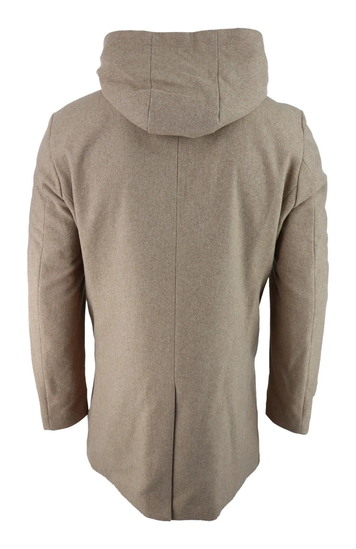 Abrigo largo de 3/4 para hombre, color camel, con capucha extraíble, estilo casual elegante, ideal para invierno, de lana cálida.