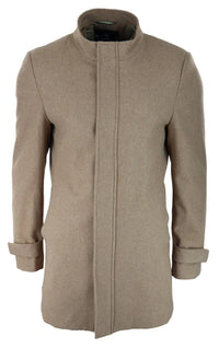 Abrigo largo de 3/4 para hombre, color camel, con capucha extraíble, estilo casual elegante, ideal para invierno, de lana cálida.