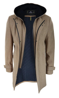 Abrigo largo de 3/4 para hombre, color camel, con capucha extraíble, estilo casual elegante, ideal para invierno, de lana cálida.