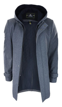Abrigo largo de 3/4 para hombre, color gris, con capucha extraíble, estilo casual elegante, ideal para invierno, de lana cálida.