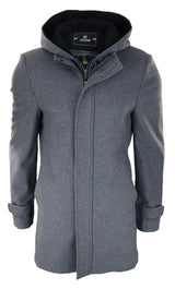 Abrigo largo de 3/4 para hombre, color gris, con capucha extraíble, estilo casual elegante, ideal para invierno, de lana cálida.