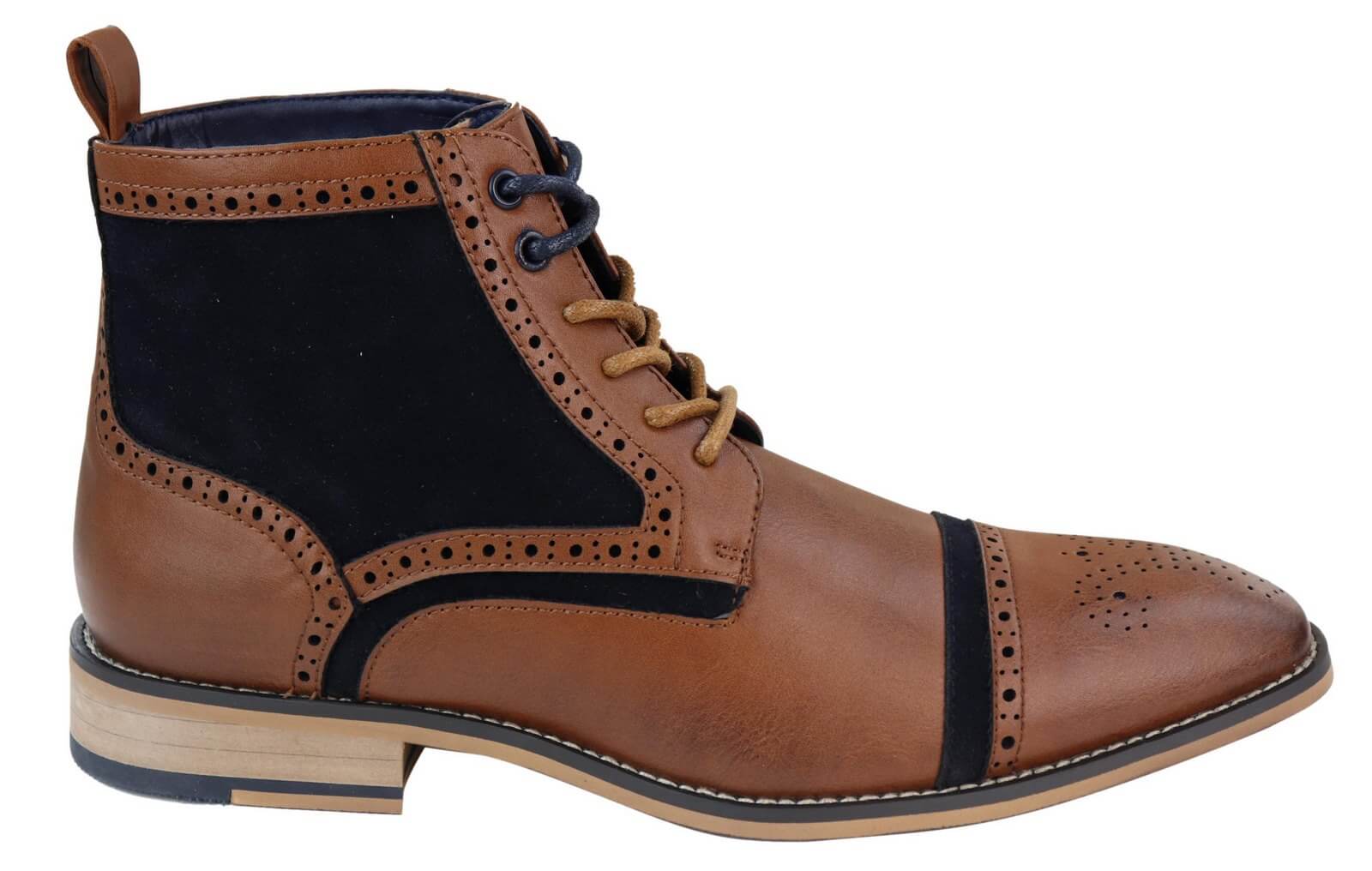 Botines de hombre de piel y terciopelo color marrón/azul marino.