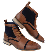 Botines de hombre de piel y terciopelo color marrón/azul marino.