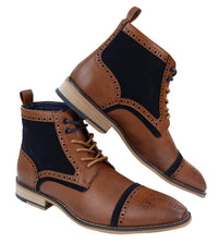 Botines de hombre de piel y terciopelo color marrón/azul marino.