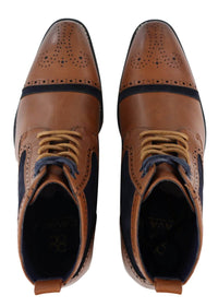 Botines de hombre de piel y terciopelo color marrón/azul marino.