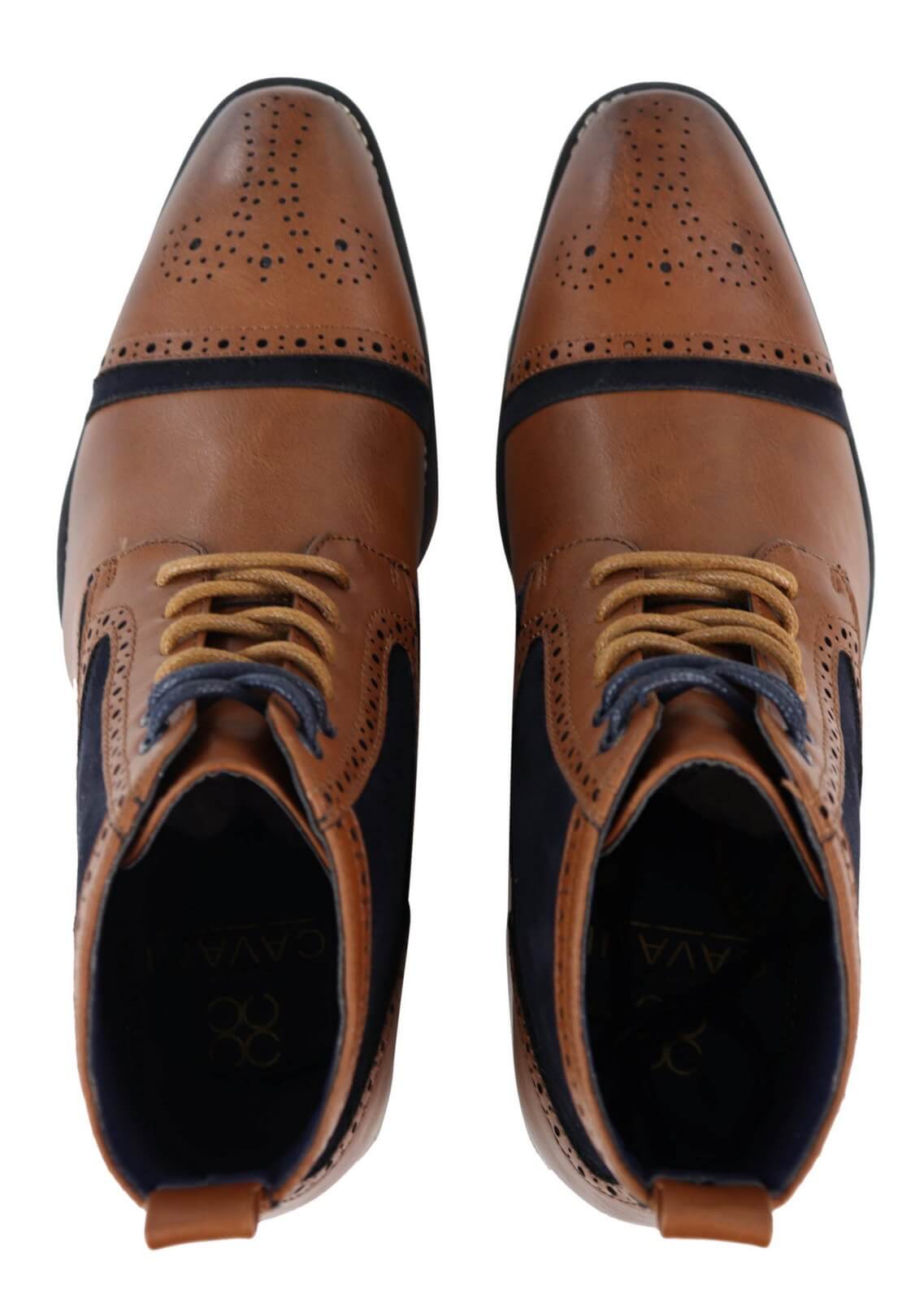 Botines de hombre de piel y terciopelo color marrón/azul marino.
