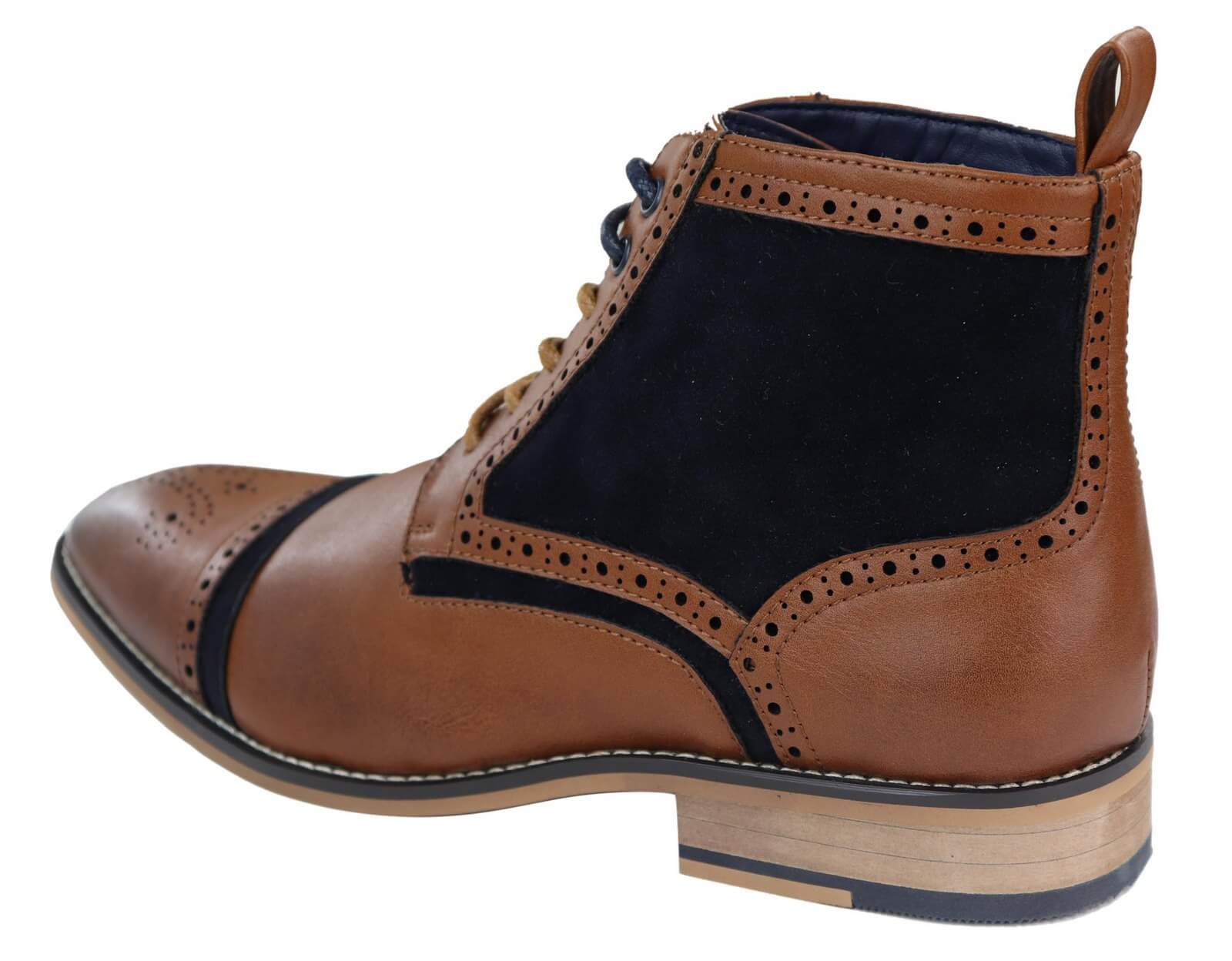 Botines de hombre de piel y terciopelo color marrón/azul marino.