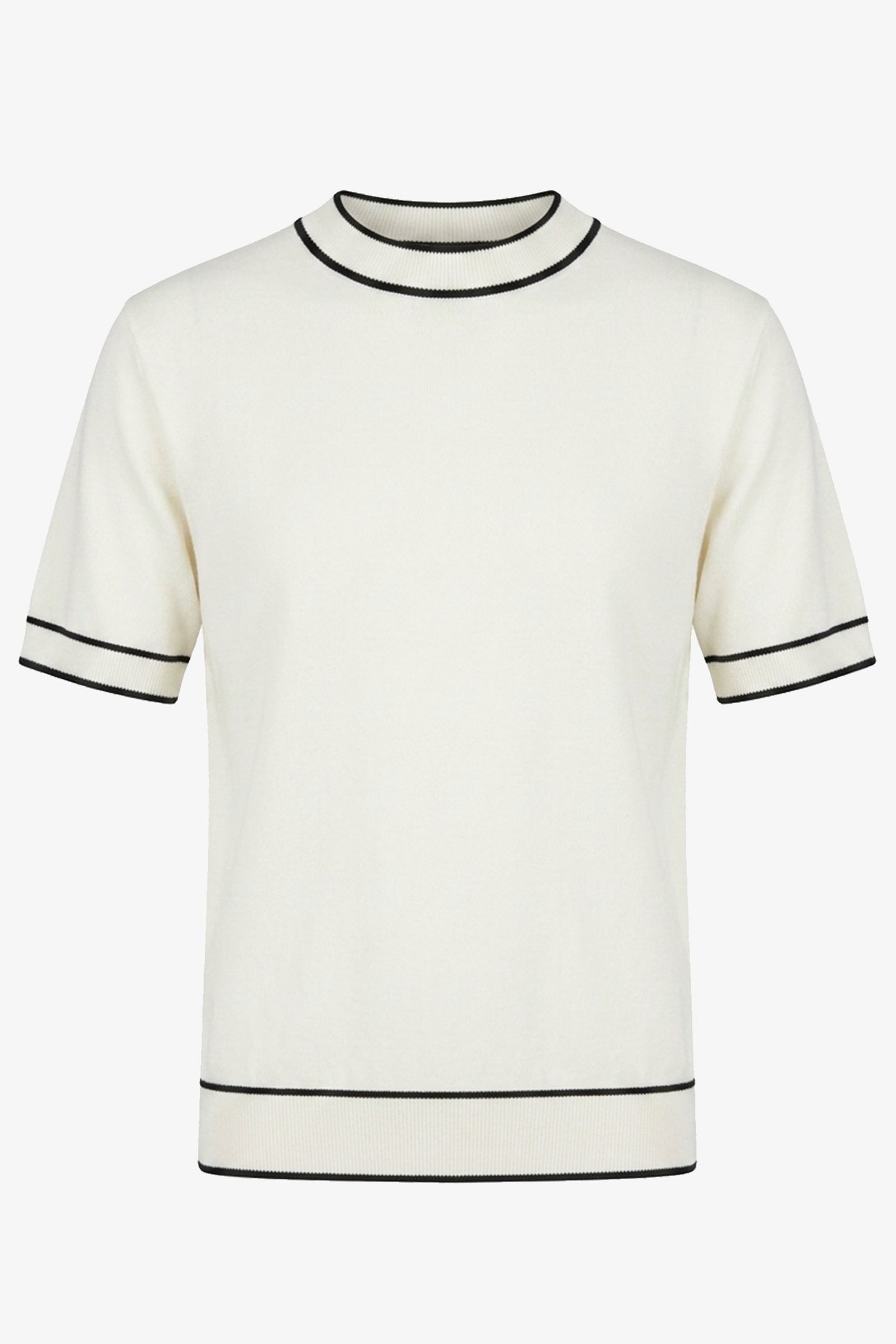 Camiseta de punto para hombre color blanco roto, corte regular, cuello redondo con ribete en contraste.