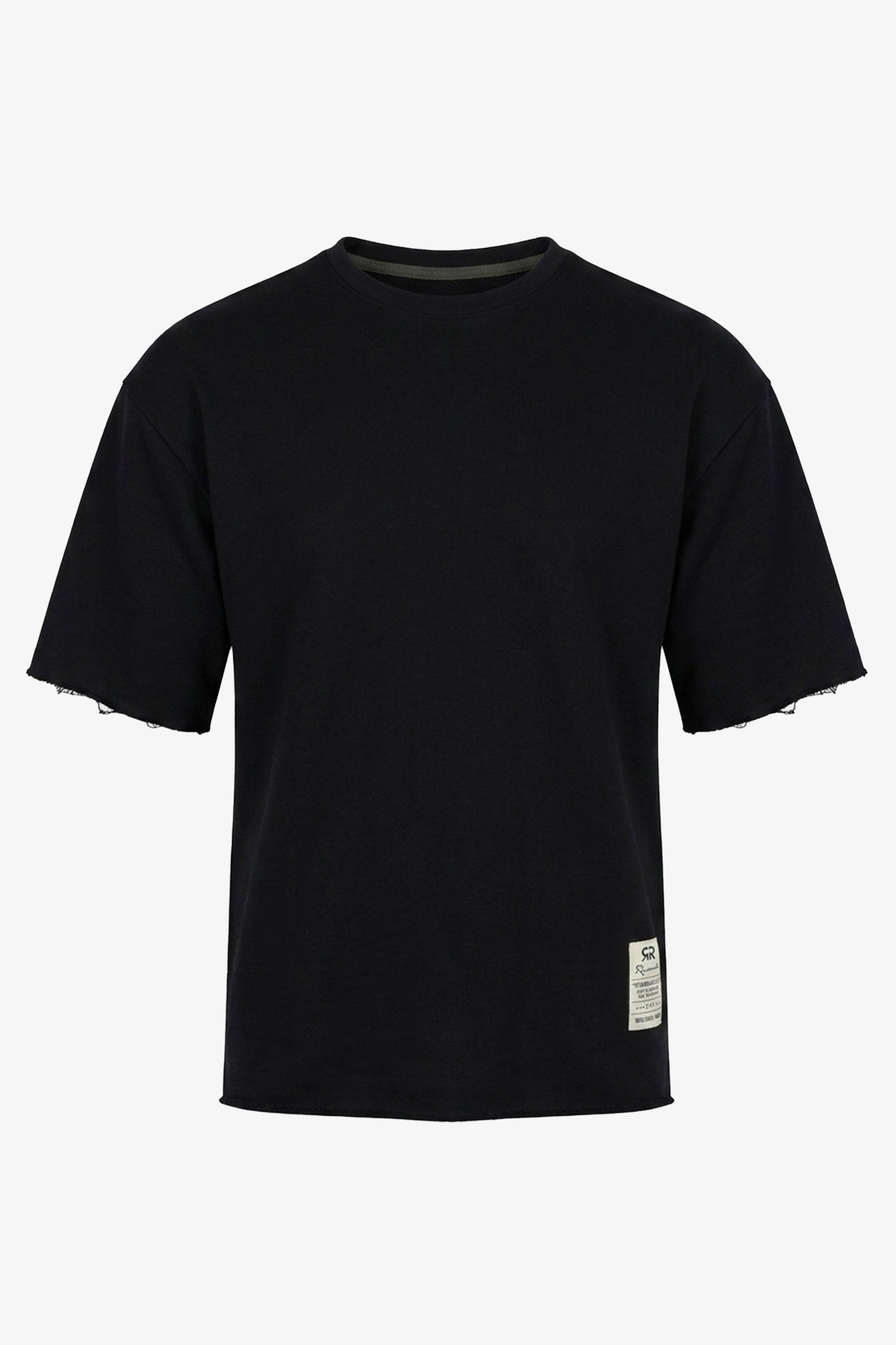 Camiseta de hombre azul marino oscuro de corte relajado con borde sin rematar, mezcla de algodón y cuello redondo.