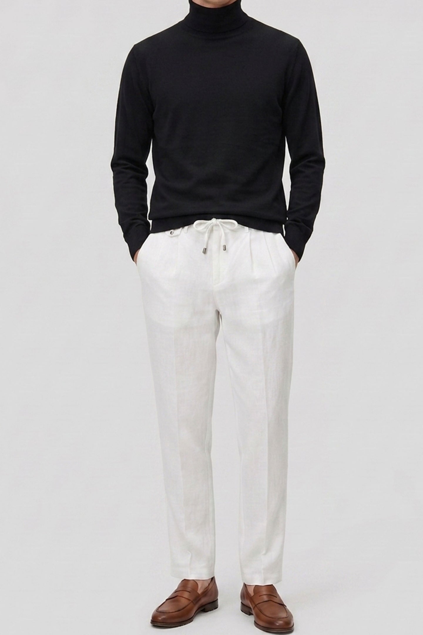 Jersey de cuello alto negro para hombre, de suave mezcla de viscosa, manga larga, de punto.