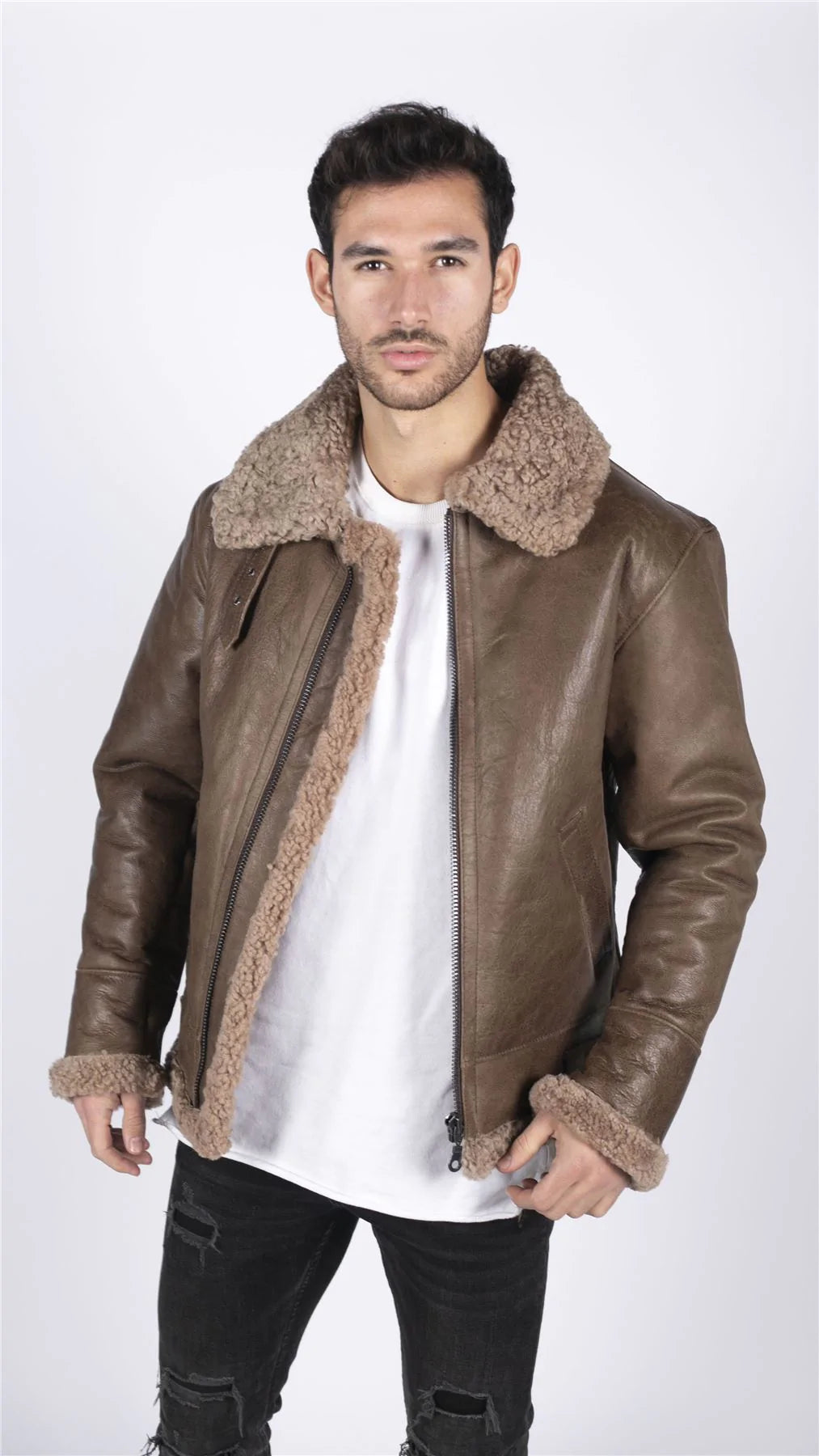 Chaqueta de aviador vintage de piel de oveja auténtica para hombre, modelo B3, color marrón, con forro de peluche.