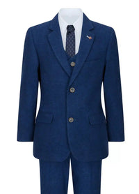 Traje de lana de 3 piezas para niño, tweed azul, estilo vintage de los años 20, chaleco clásico de 4 bolsillos.