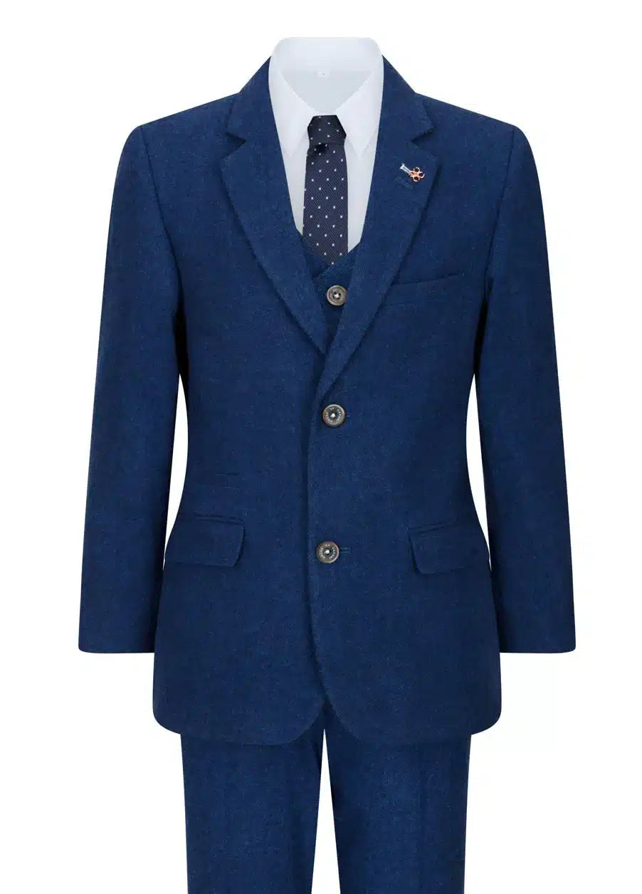 Traje de lana de 3 piezas para niño, tweed azul, estilo vintage de los años 20, chaleco clásico de 4 bolsillos.