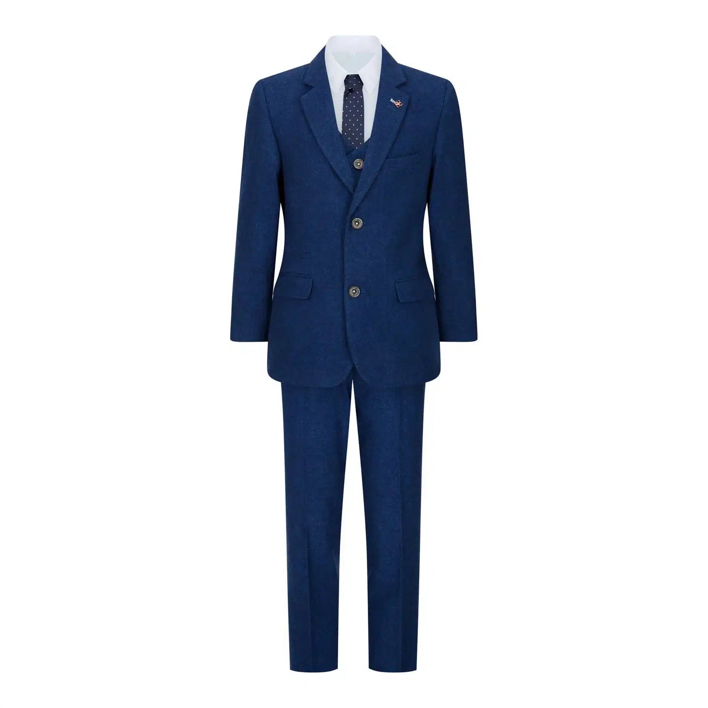 Traje de lana de 3 piezas para niño, tweed azul, estilo vintage de los años 20, chaleco clásico de 4 bolsillos.