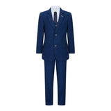 Traje de lana de 3 piezas para niño, tweed azul, estilo vintage de los años 20, chaleco clásico de 4 bolsillos.
