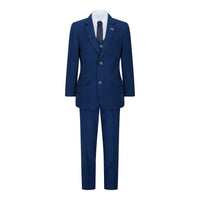 Traje de lana de 3 piezas para niño, tweed azul, estilo vintage de los años 20, chaleco clásico de 4 bolsillos.