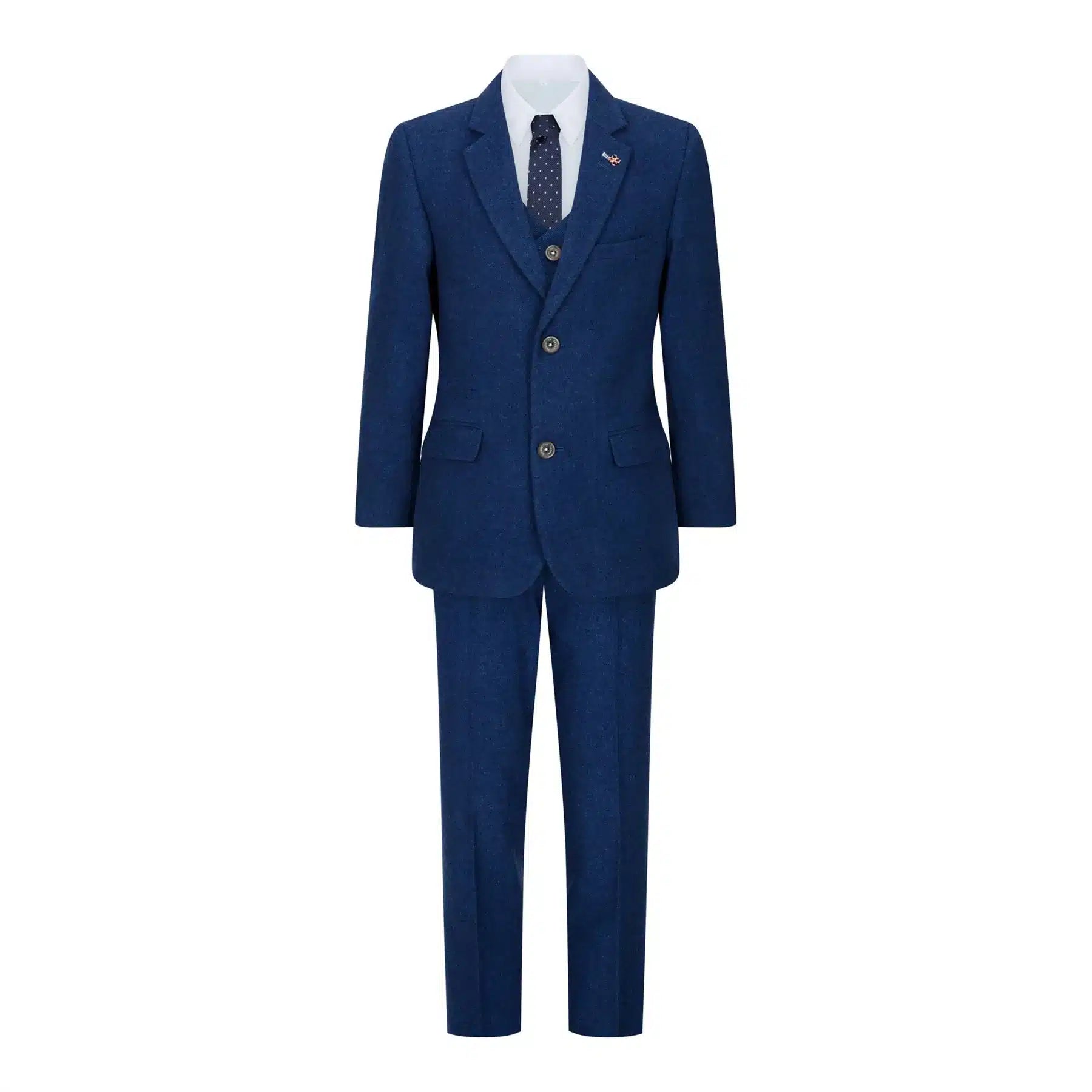 Traje de lana de 3 piezas para niño, tweed azul, estilo vintage de los años 20, chaleco clásico de 4 bolsillos.