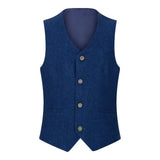 Traje de lana de 3 piezas para niño, tweed azul, estilo vintage de los años 20, chaleco clásico de 4 bolsillos.