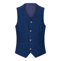 Traje de lana de 3 piezas para niño, tweed azul, estilo vintage de los años 20, chaleco clásico de 4 bolsillos.