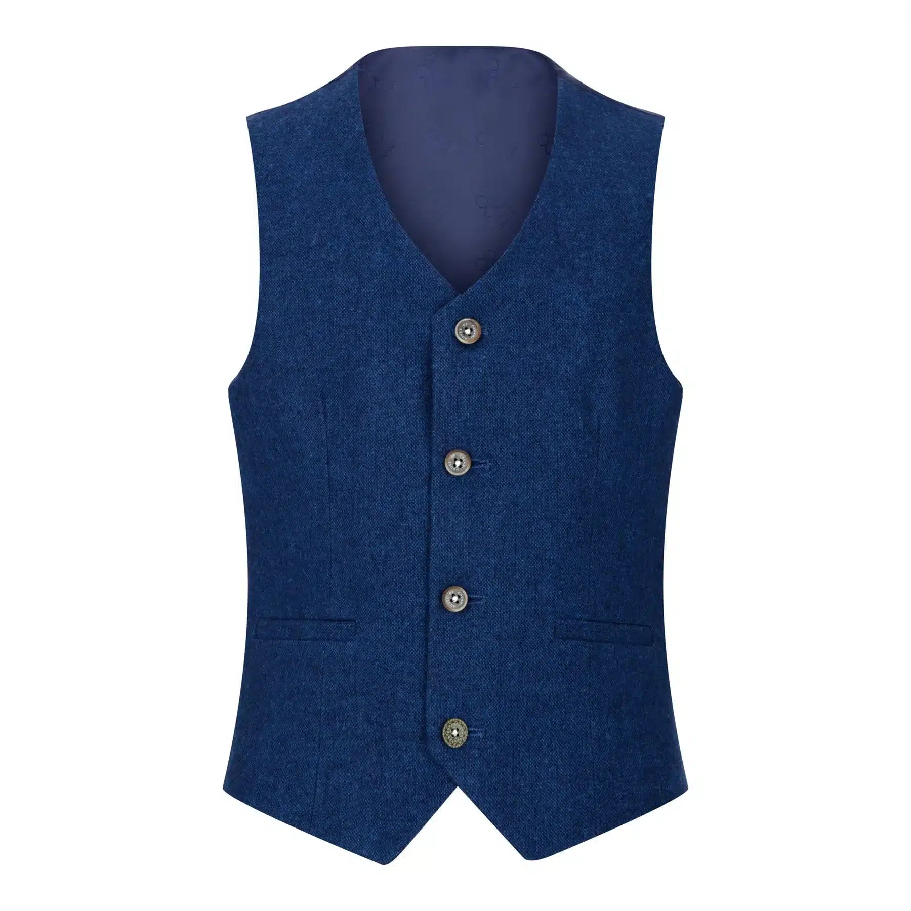 Traje de lana de 3 piezas para niño, tweed azul, estilo vintage de los años 20, chaleco clásico de 4 bolsillos.