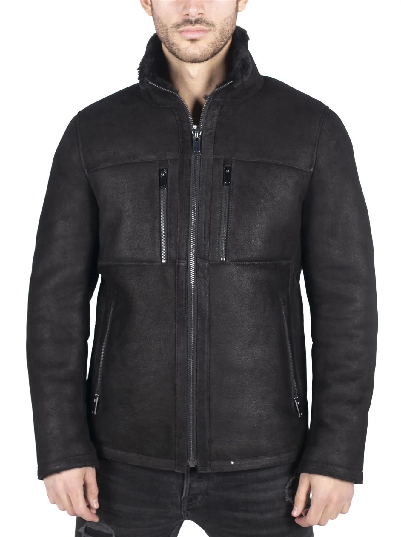 Chaqueta corta de piel de oveja auténtica para hombre, estilo casual retro vintage, color negro.