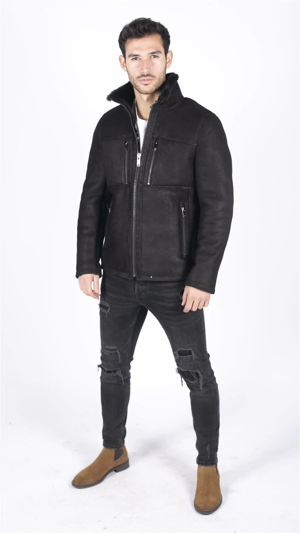 Chaqueta corta de piel de oveja auténtica para hombre, estilo casual retro vintage, color negro.