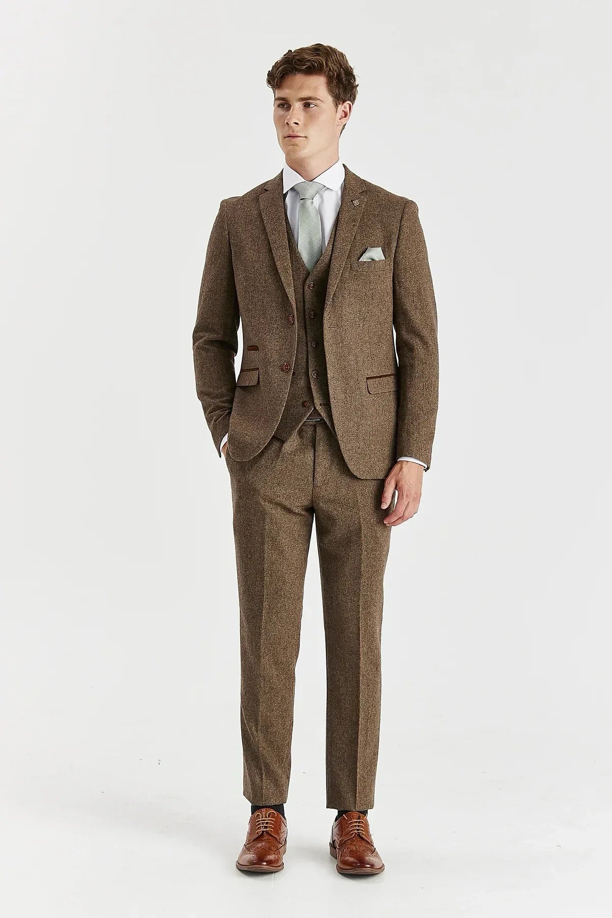 Oscar - Traje de hombre de 3 piezas de tweed de mezcla de lana marrón
