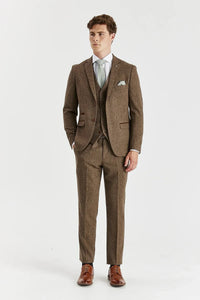Oscar - Traje de hombre de 3 piezas de tweed de mezcla de lana marrón