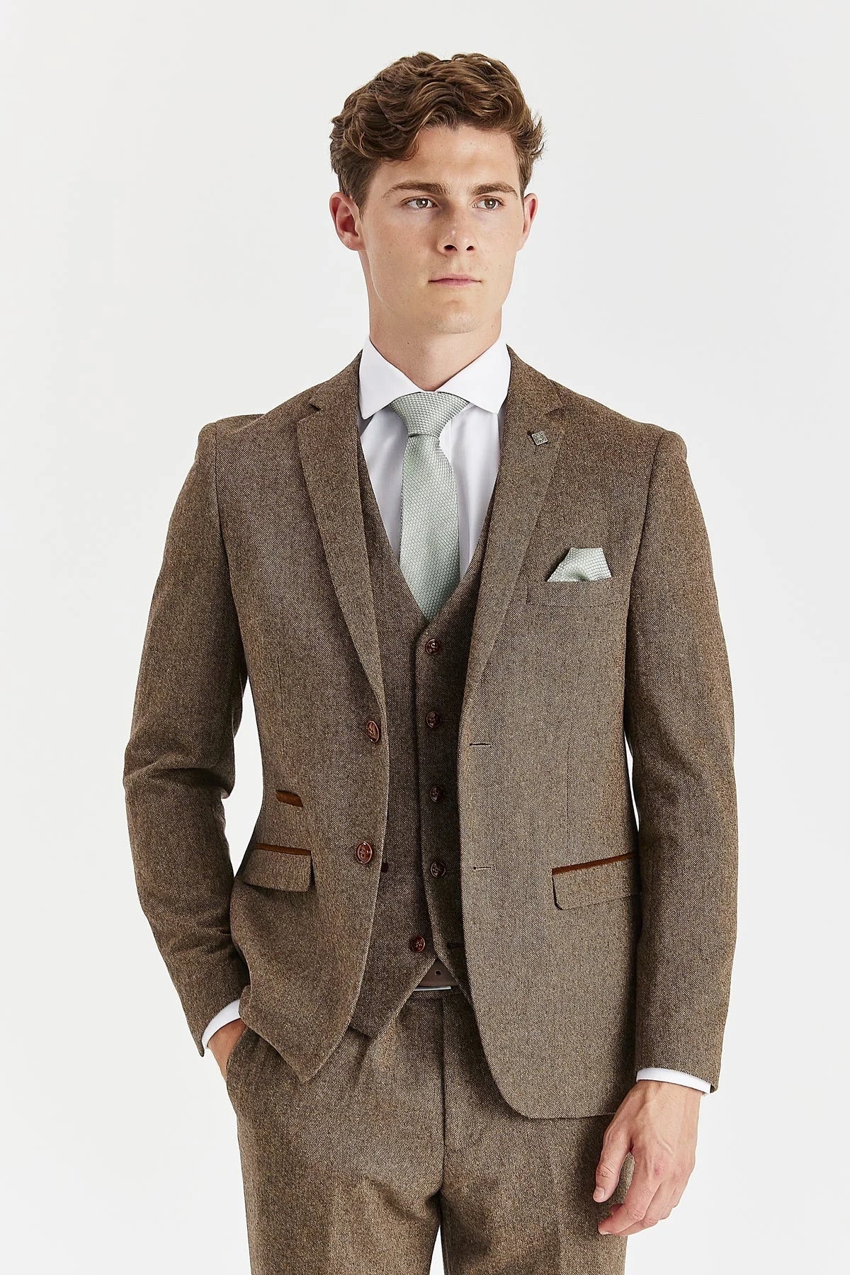 Oscar - Traje de hombre de 3 piezas de tweed de mezcla de lana marrón