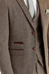 Oscar - Traje de hombre de 3 piezas de tweed de mezcla de lana marrón
