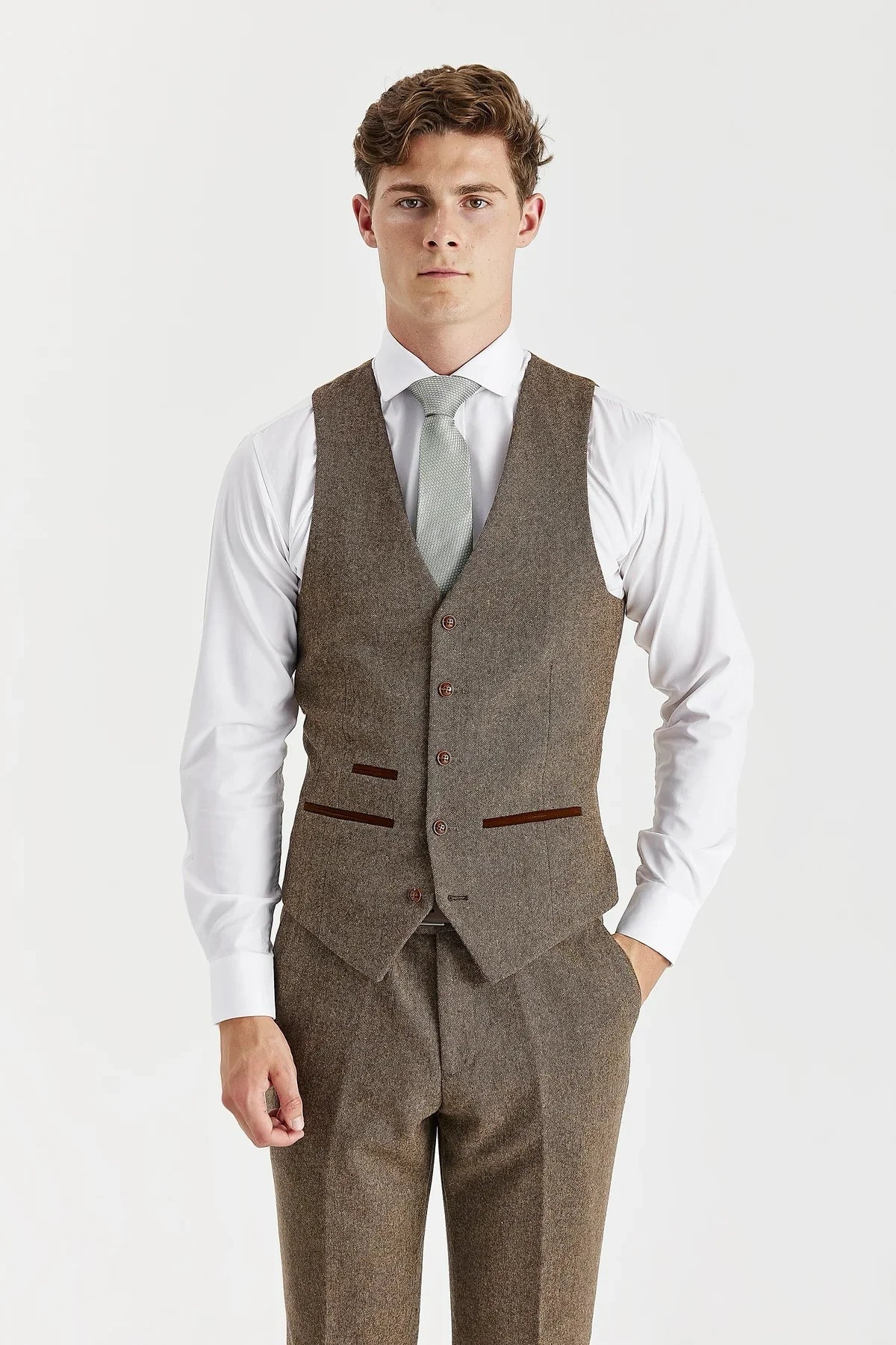 Oscar - Traje de hombre de 3 piezas de tweed de mezcla de lana marrón
