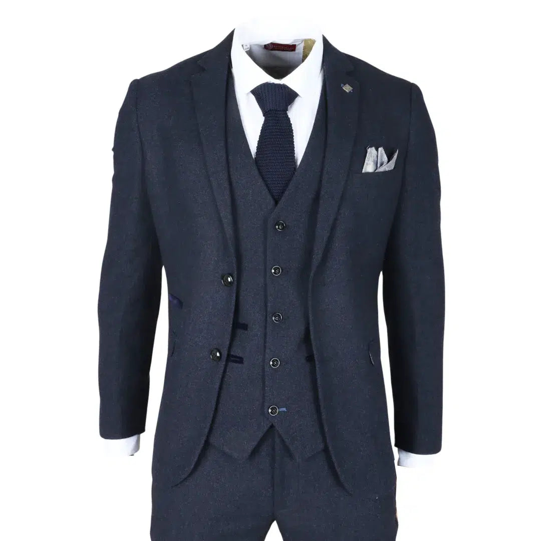 Oscar - Traje de hombre de 3 piezas de tweed de mezcla de lana azul marino