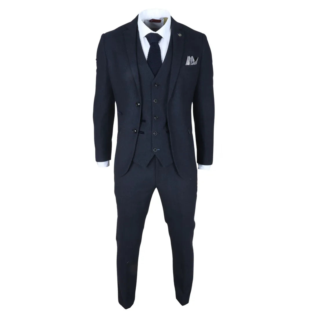 Oscar - Traje de hombre de 3 piezas de tweed de mezcla de lana azul marino
