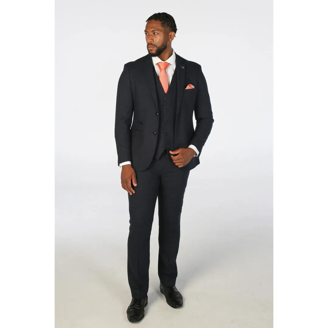 Oscar - Traje de hombre de 3 piezas de tweed de mezcla de lana azul marino