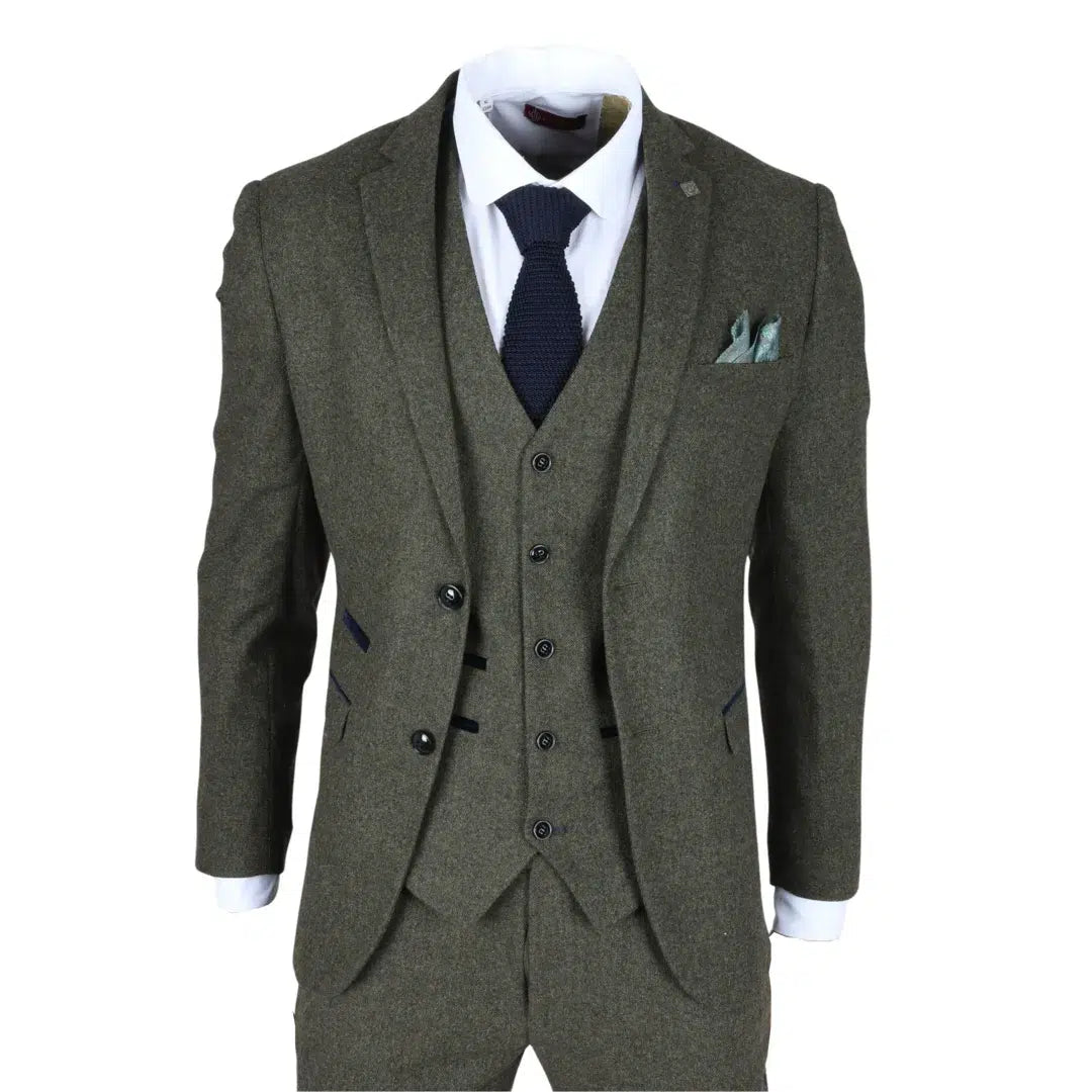 Oscar - Traje de 3 piezas para hombre de mezcla de lana y tweed color verde oliva