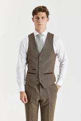 Oscar - Chaleco de tweed de mezcla de lana marrón para hombre