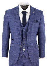 Traje de hombre de tweed azul de 3 piezas a cuadros, reloj de bolsillo, corte entallado, estilo Peaky Blinders.