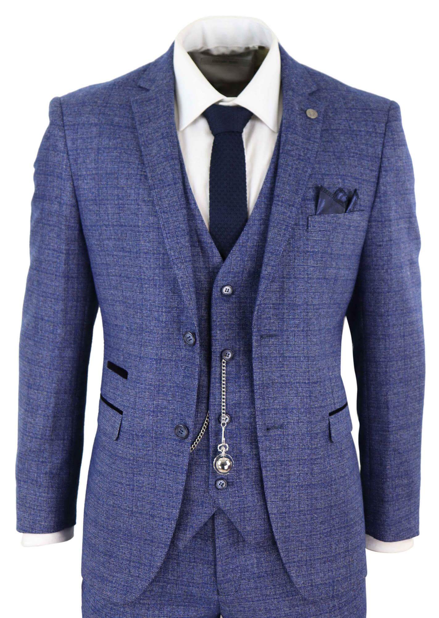 Traje de hombre de tweed azul de 3 piezas a cuadros, reloj de bolsillo, corte entallado, estilo Peaky Blinders.