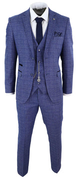 Traje de hombre de tweed azul de 3 piezas a cuadros, reloj de bolsillo, corte entallado, estilo Peaky Blinders.