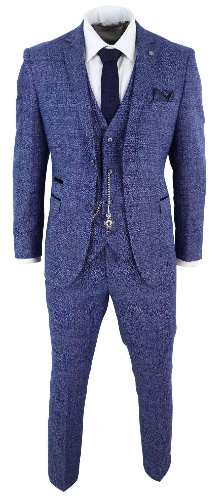 Traje de hombre de tweed azul de 3 piezas a cuadros, reloj de bolsillo, corte entallado, estilo Peaky Blinders.